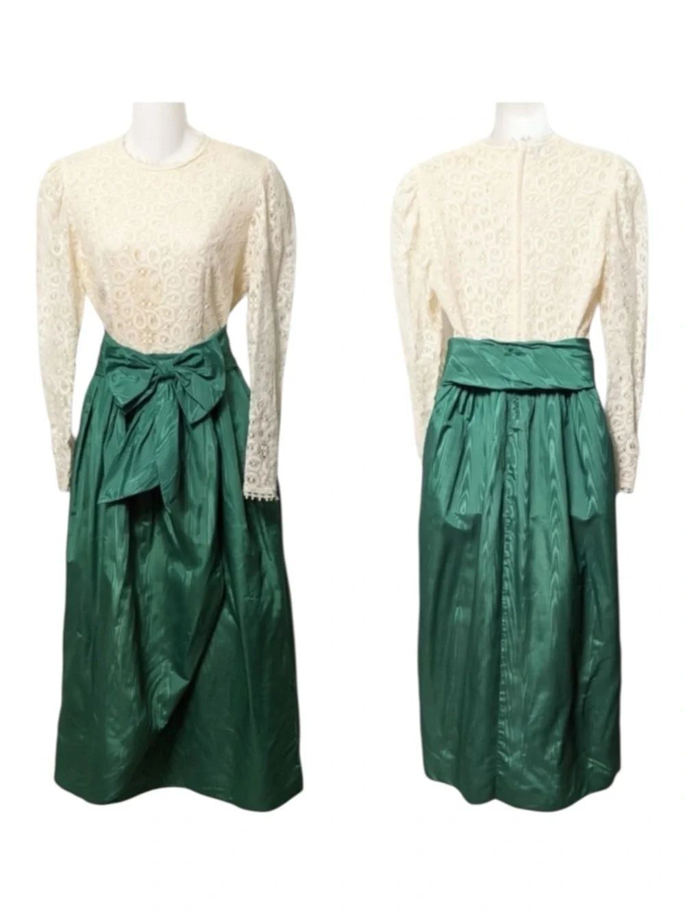 VINTAGE Lanz Long Sleeve Bow Belted Lace Taffeta Tulip Skirt Midi Dress